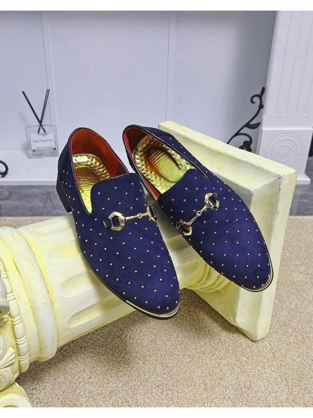 Men's Blue Suede Leather Loafers Gold Rivet Buckle Slip On Party Dress Shoes - Picture 4 of 6